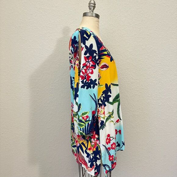 JOHN MARK Washable Silk Tunic Top Multicolor Floral Slit Sleeve Artsy - Picture 3 of 12